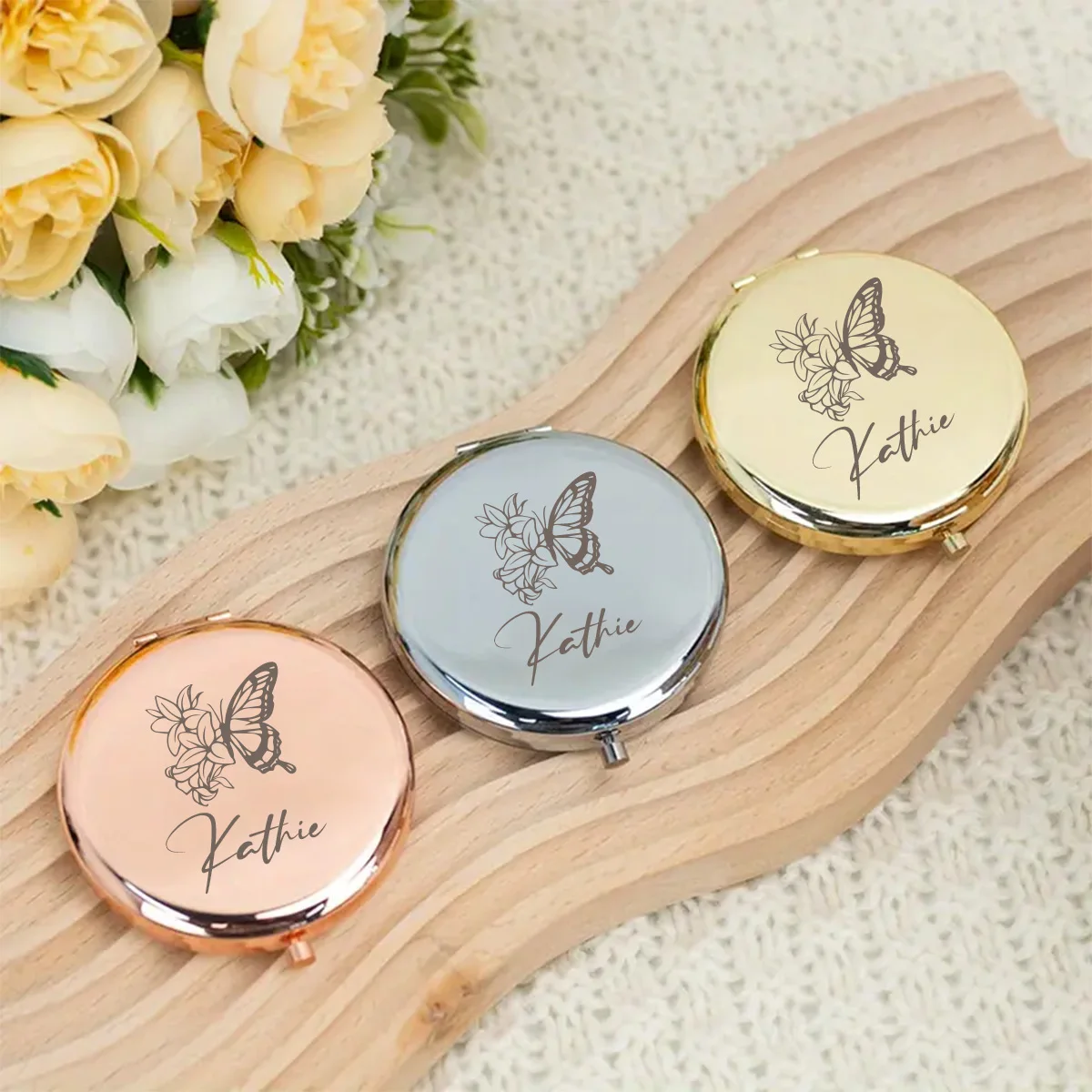 New Design Butterfly Customized Name Pocket Mirror Mirror With Name Makeup Mirror For Wedding Bride Bridesmaid Bridal