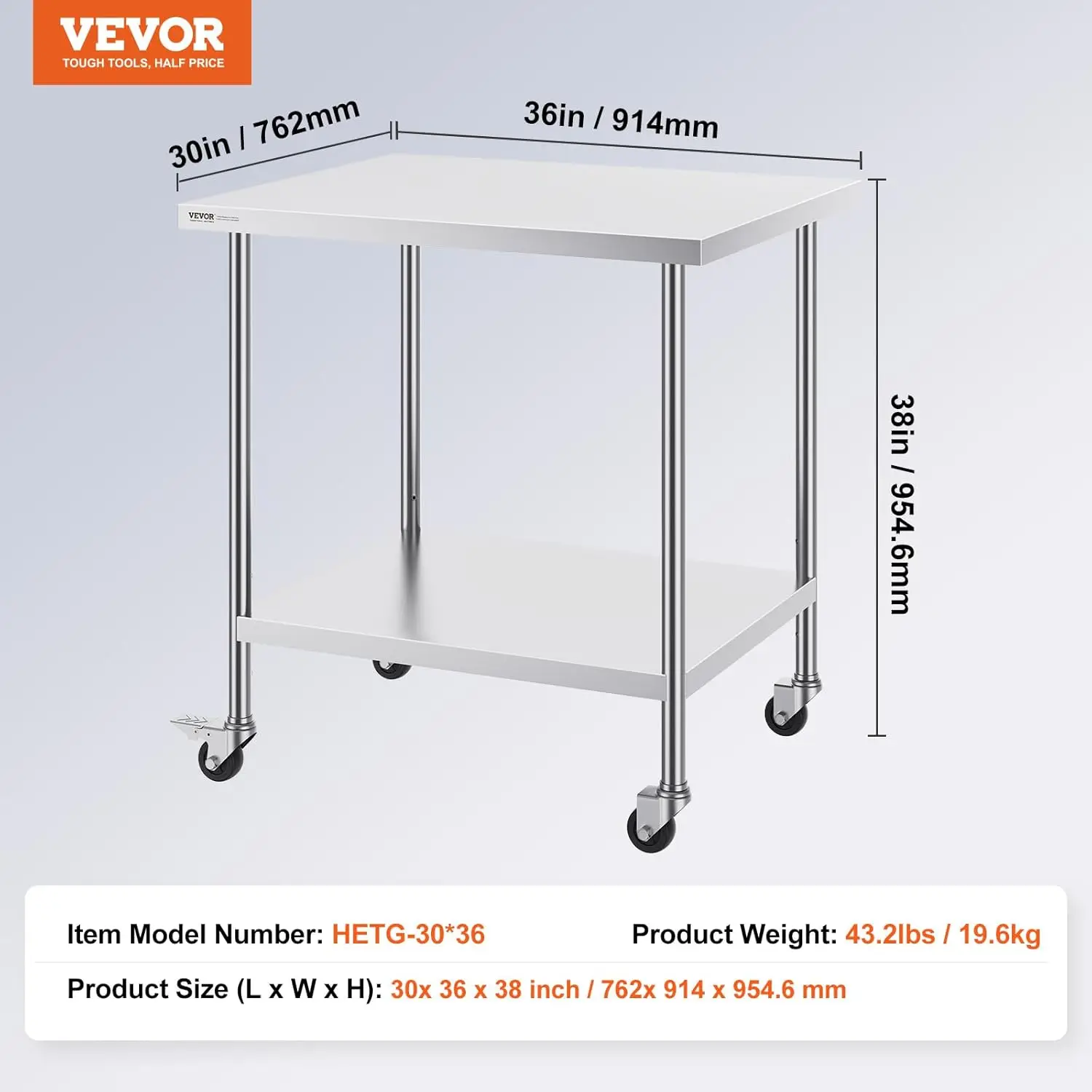 Stainless Steel Work Table 30 x 36 x 38 Inch, with 4 Wheels, 3 Adjustable Height Levels