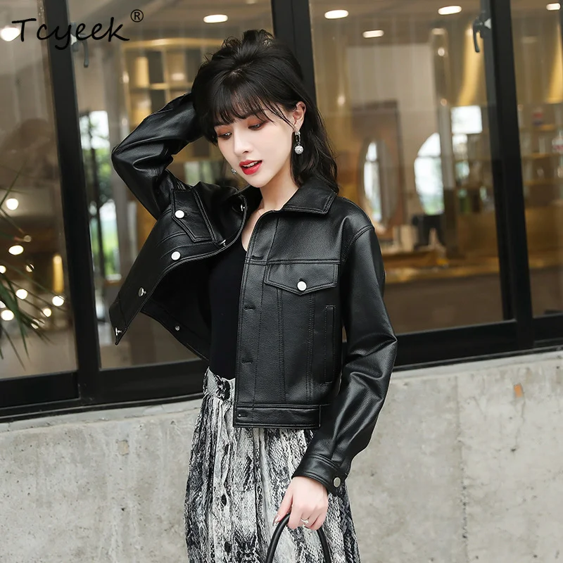 Motorcycle Single-breasted Lapel Slim Fit Genuine Leather Jacket Women's Spring Short Retro Casual Solid color Sheepskin Coat