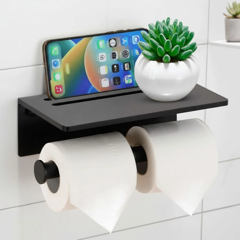 

Двойной держатель для туалетной бумаги с полкой для телефона, клей 3 м без установки дрели, нержавеющий черный для современной ванной комнаты