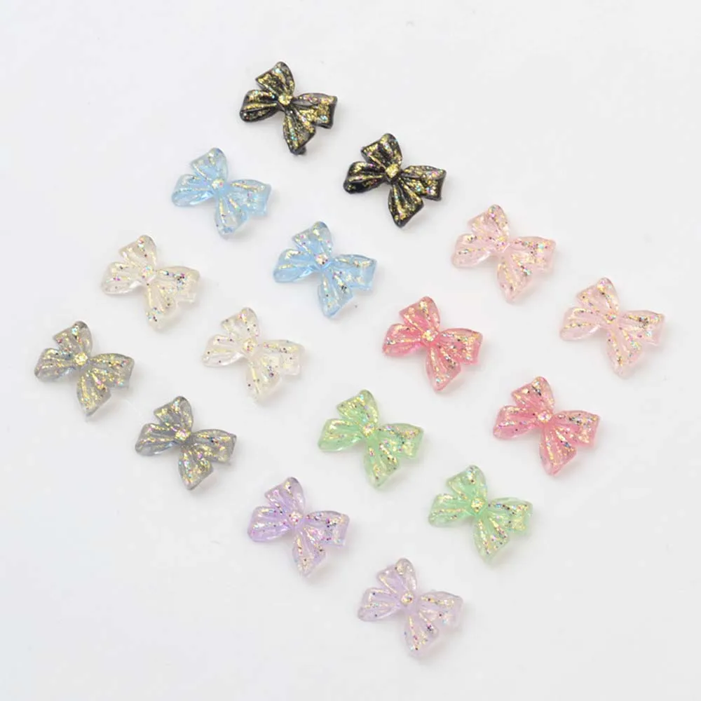 50pcs Summer Shiny Bows Nail Art Charms 3D Multi-color Aurora Glitter Bowknot Ribbon Nail Decor Parts DIY Kawaii Nail Parts