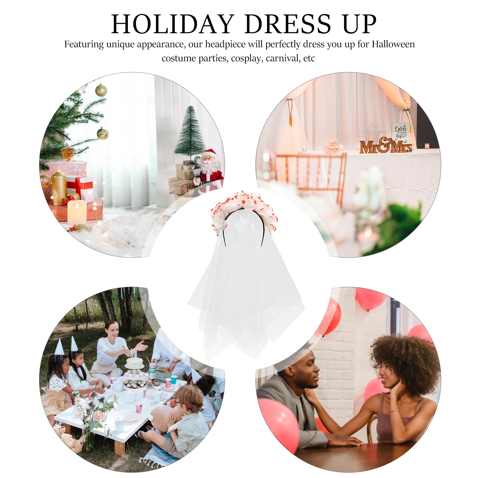 Czerwono-biała opaska z kwiatami róży, welon, kostium na Halloween, akcesorium do cosplayu, damski strój festiwalowy, unikalny kwiatowy dekor