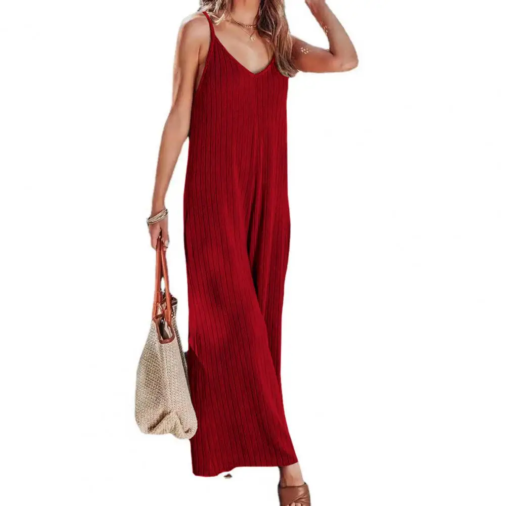 Mulheres sem mangas V-neck Spaghetti Strap Jumpsuit, feminino roupas de perna larga, virilha profunda, sem encosto, Ladies' geral