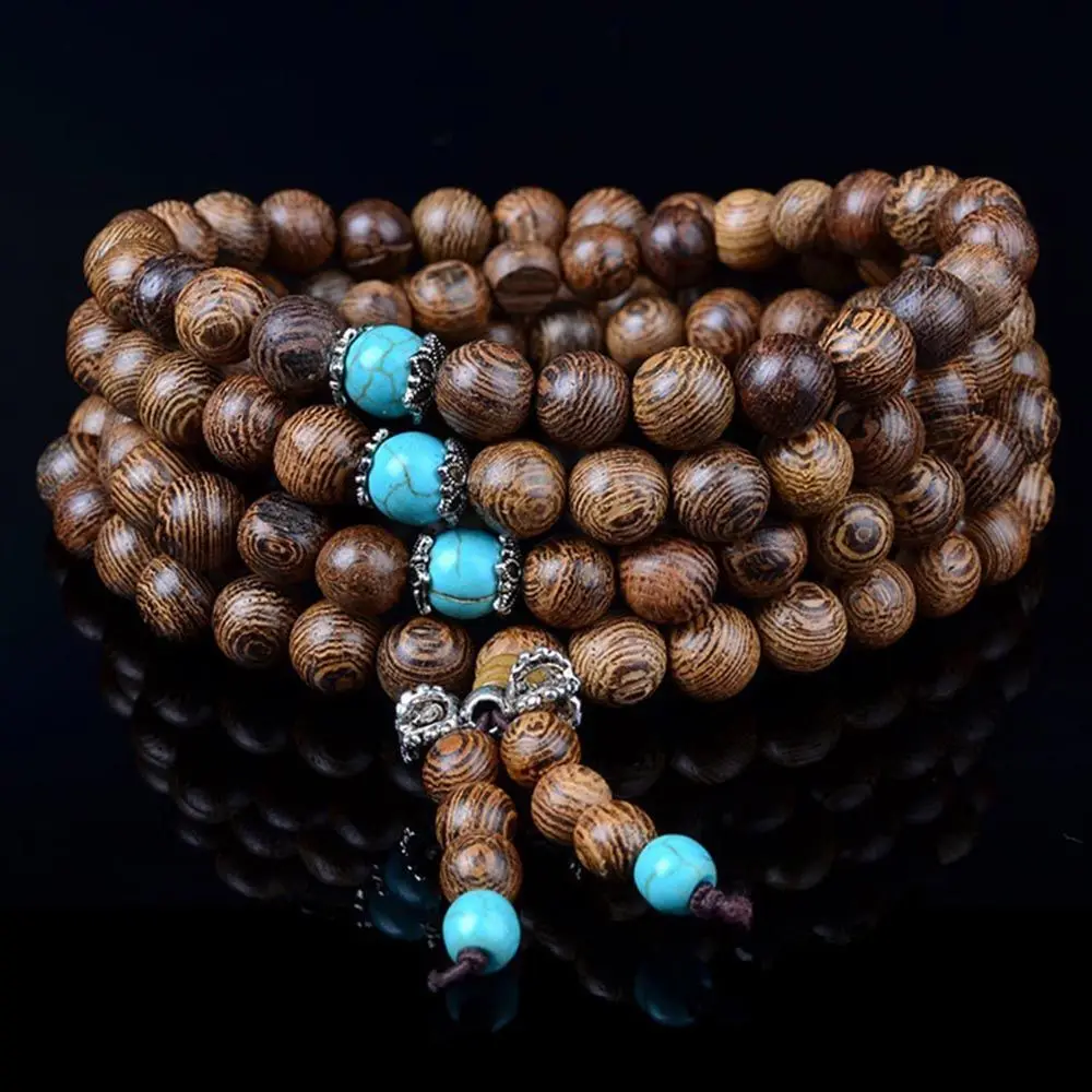 Stone Wood 108 Rosary Mala Tibetan Bracelet Buddhist Turquoise Wenge
