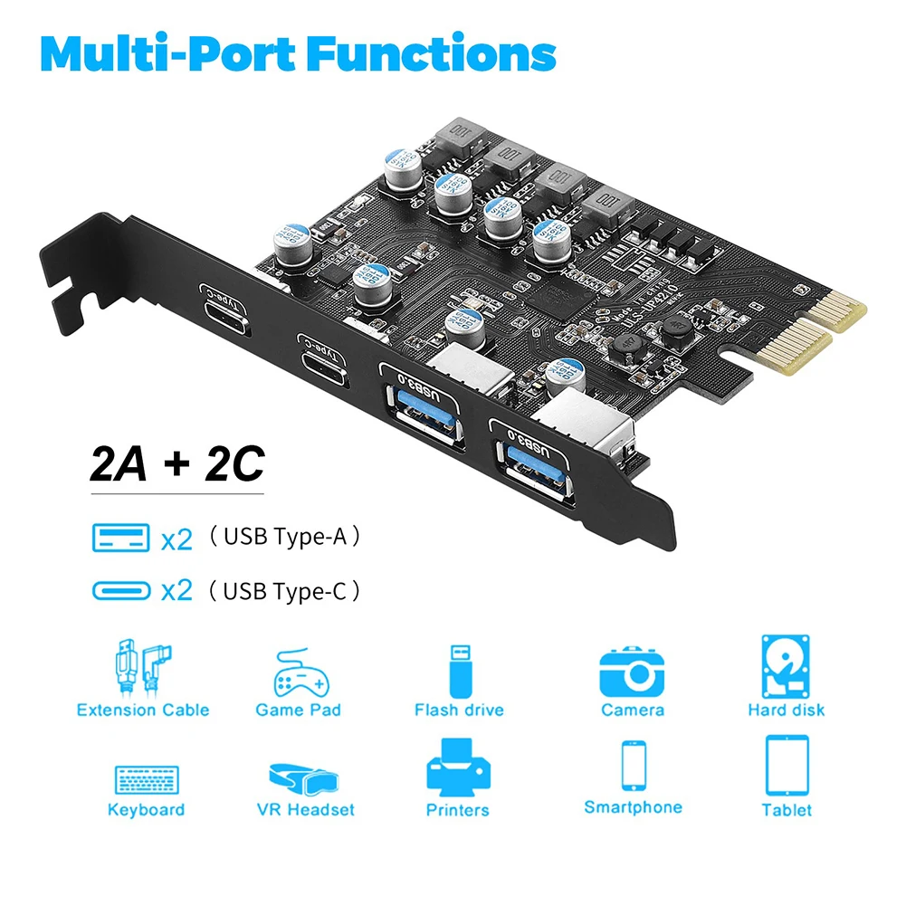 PCI Express Card  2Port USBA/ USBC 5Gbps USB3.2 Gen1 USB3.0 PCIE Card Expansion Add on Card Adapter for Windows/MacOS/Linux