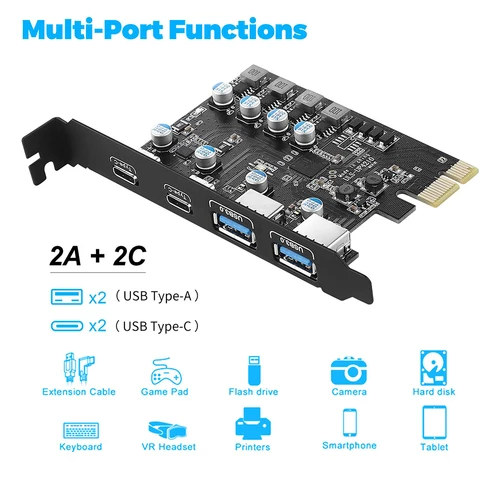 Imagen 2 del producto Tarjeta PCI Express 2 puertos USBA/USBC 5Gbps USB3.2 Gen1 USB3.0 Expansión de tarjeta PCIE Adaptador de tarjeta adicional para Windows/Linux