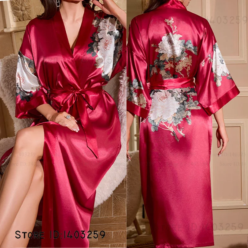 

Burgundy Print Flower Long Wedding Robe Negligee Bride Kimono Gown Bathrobe Spring Summer Women Sleepwear Home Dressing Gown