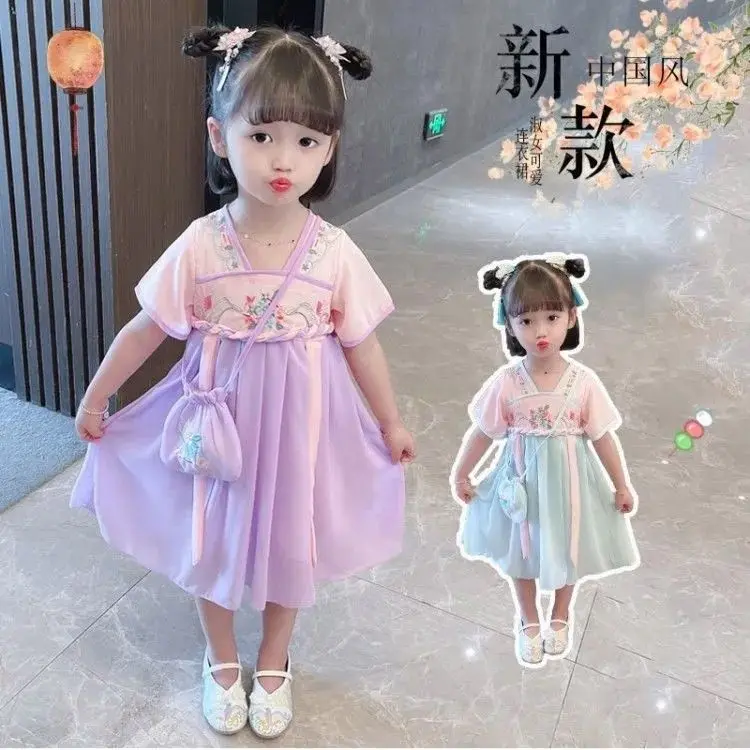 New Japanese and Korean Hanfu Children\'s Dress Thin Short Sleeve Princess Dress Tang Baby Super Fairy Chinoiserie Children\'s Sum