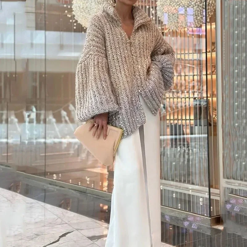 Elegant Sequin Sweater Women Fashion Lurex Long Sleeve Loose Female Zipper Knit Oversized Cardigan Autumn Streetwear Lady Coat