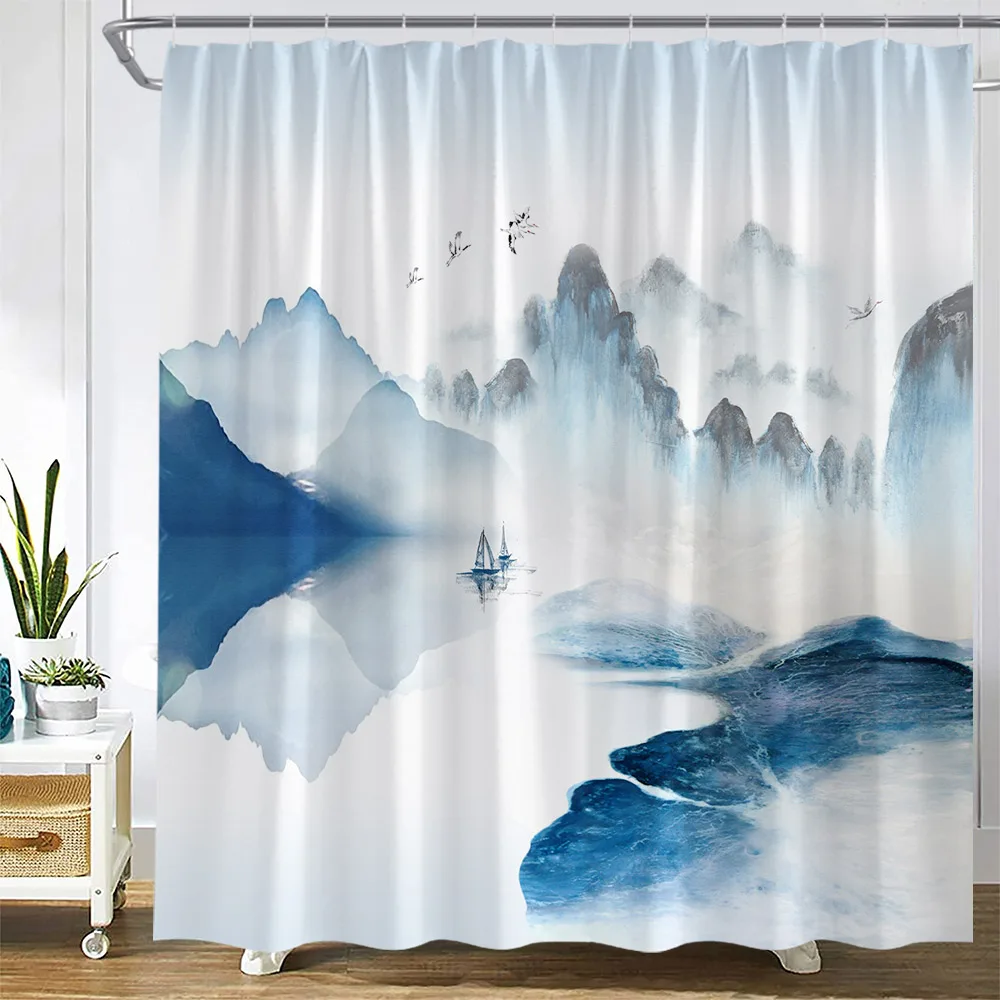 Japanese Landscape Shower Curtain Pink Flowers Tree Mountain Lake Pavilion Ink Art Bath Curtains Polyester Fabric Bathroom Decor