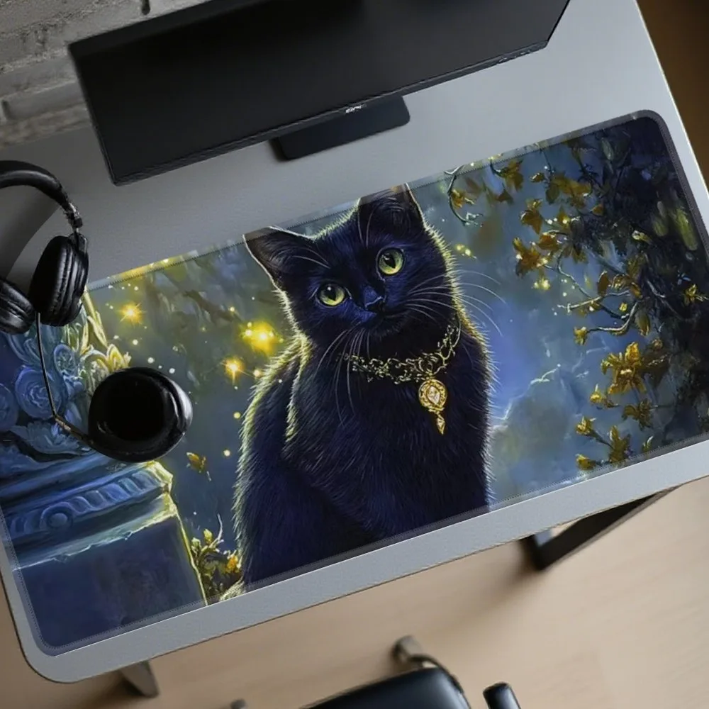 Tapis de souris de jeu avec motif de chat noir - Grand tapis de souris anime, alfombrillas para escritorio, mouse pad grande, tapis de souris