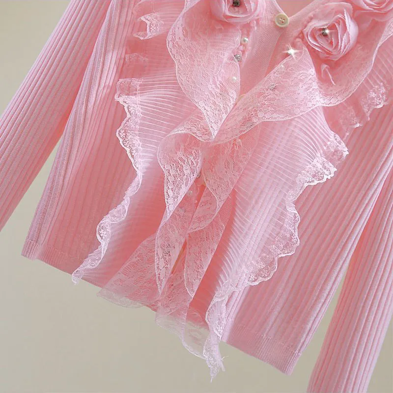 Mode Pullover Strickwaren Schwerindustrie Blume Lotusblatt Rand V-Ausschnitt Eis Seide Sonnenschutz Pullover Nagel Perle Spitze Strickpullover