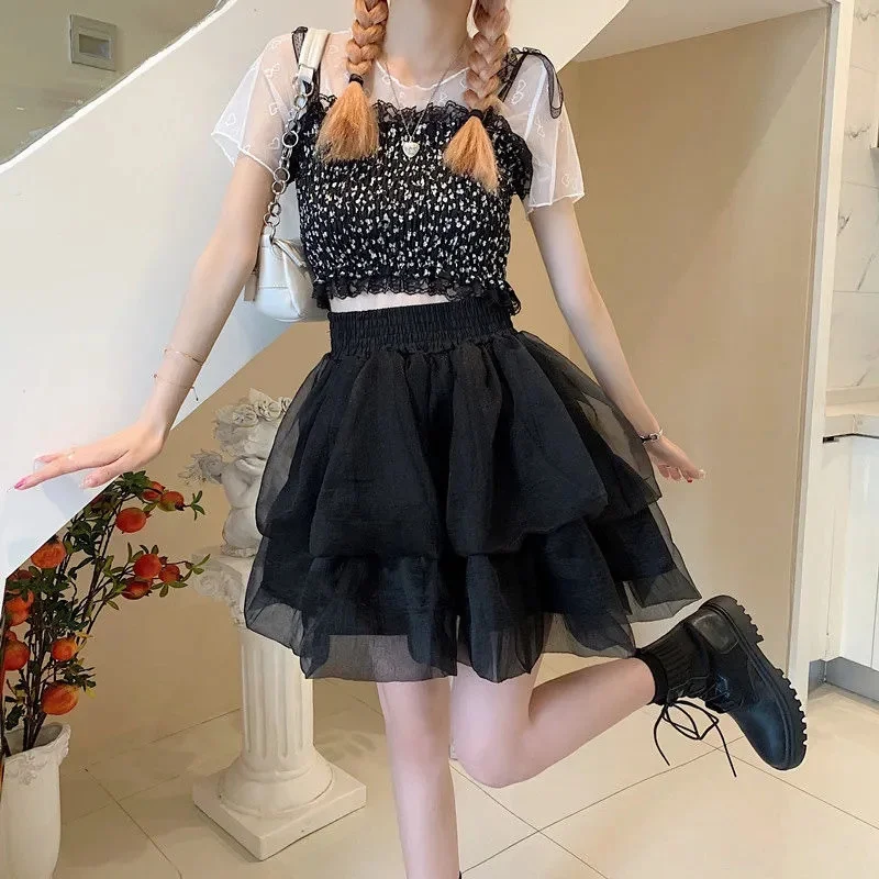 تنورة صغيرة لطيف مثير Balletcore مرونة عالية الخصر الكرة ثوب كشكش المرقعة لوليتا تنورة قصيرة الكورية الحلو Y2K النساء الملابس
