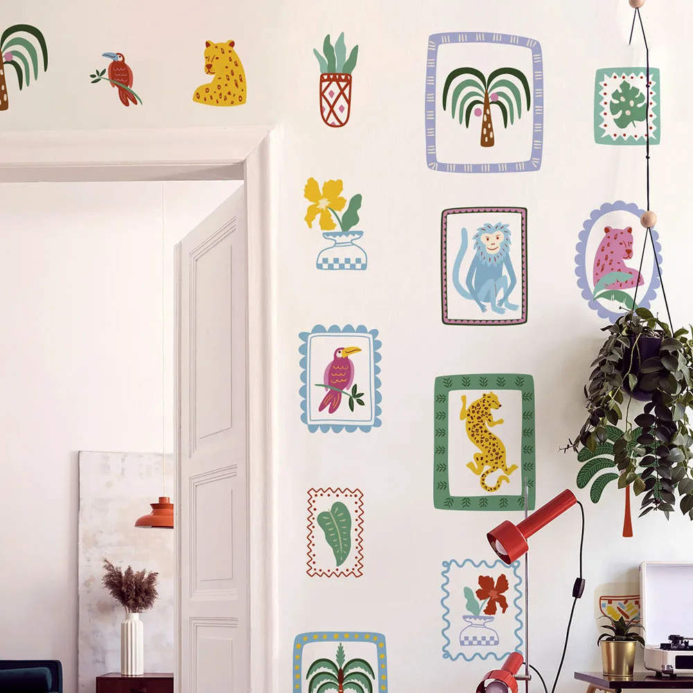 Tropical Patchwork Multicolore Animal Tree Wall Stickers Bedroom Playroom Palm Tree Tiger Lion Woodland Wall Decals Home Decor