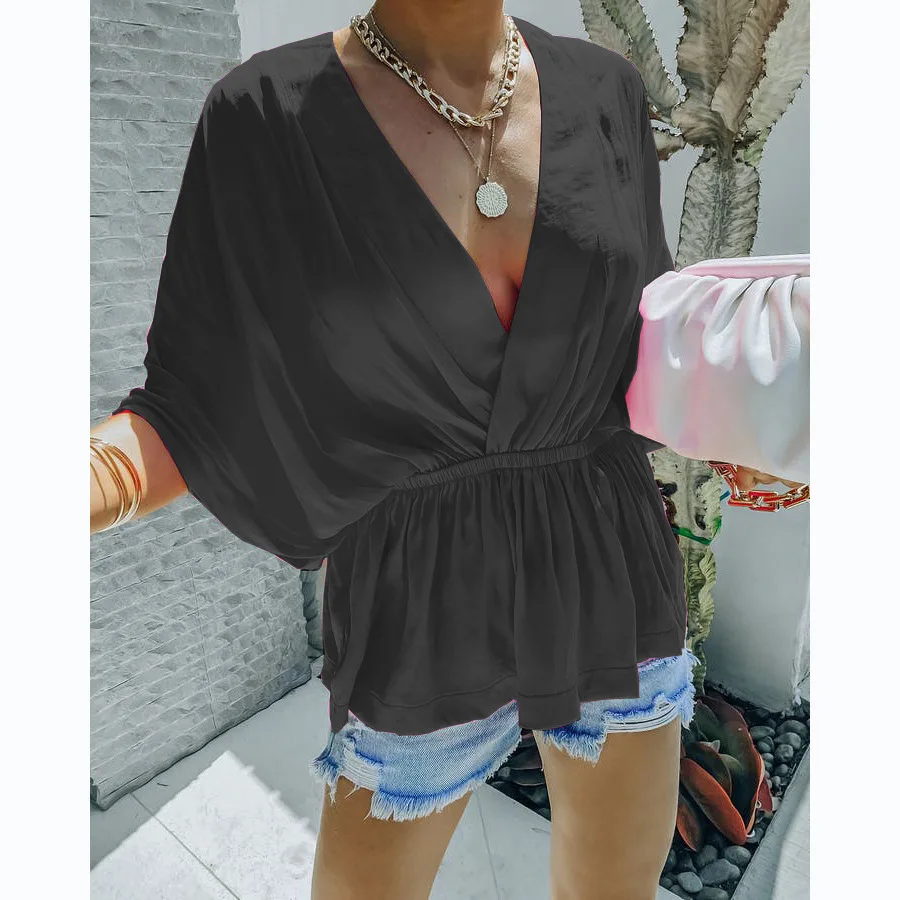 2025 Primavera/Novedad de verano Camisa de manga corta de moda informal con cintura elástica y cuello en V de algodón 22133