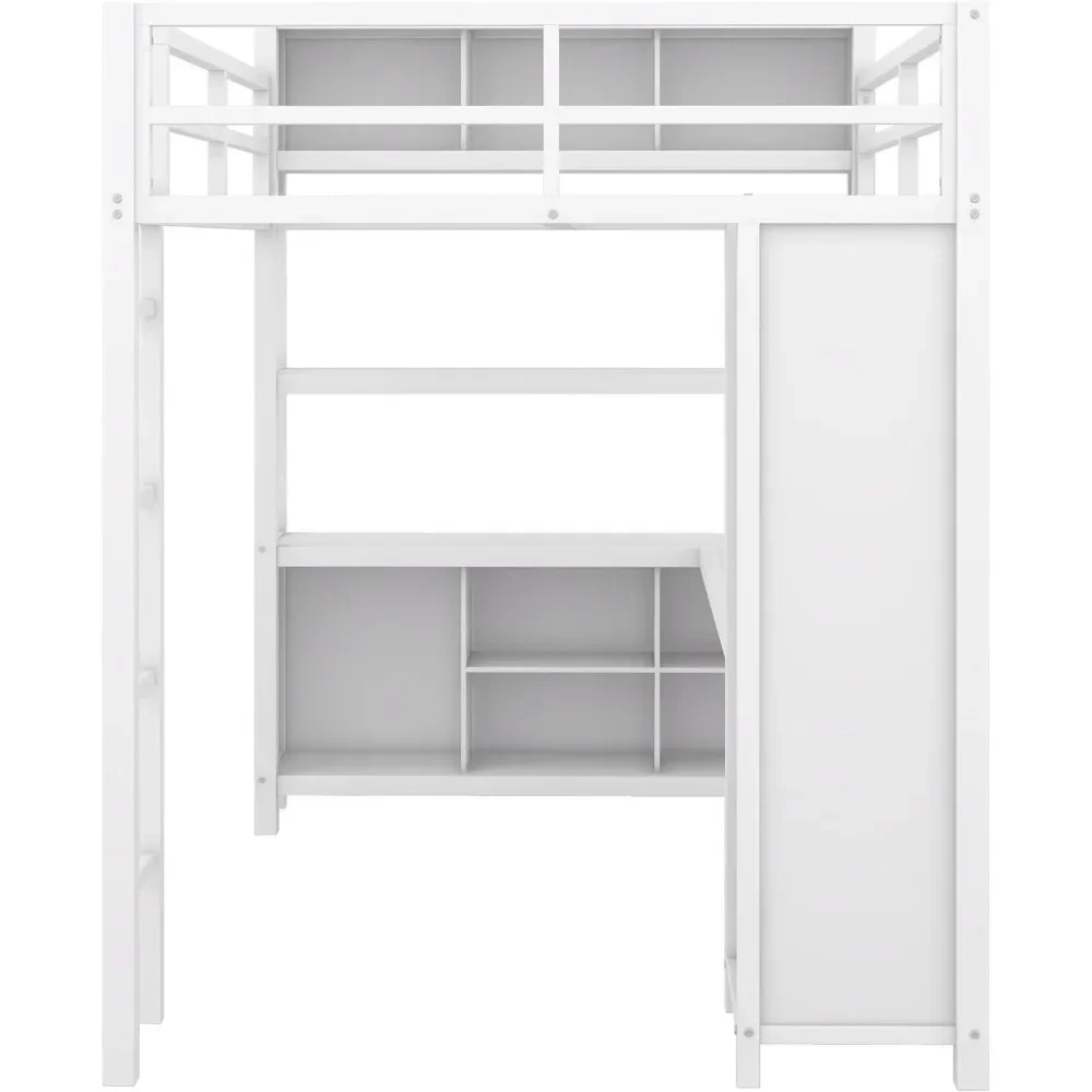 Bunk Beds Full Size Loft Bed with L Shaped Desk and Wardrobe, Heavy Duty Loft Bed with Storage Cubes and Shelves, Loft Bed