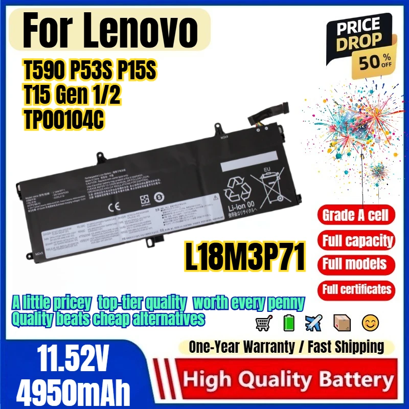 L18M3P71 for Lenovo T590 P53S P15S T15 Gen 1/2 TP00104C Laptop Battery 0 Cycle High Capacity Replacement Bateria Grade A Cell
