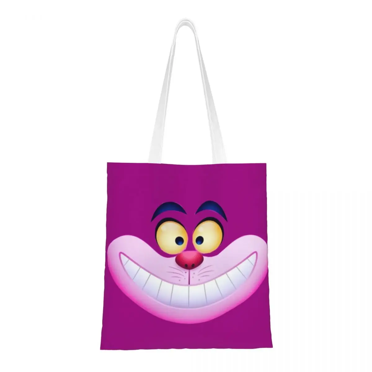 Custom Smiling Cheshire Cat Grocery Shopping Bags Funny Printing Canvas Shopper Shoulder Tote Bag Durable Cartoon Anime Handbag