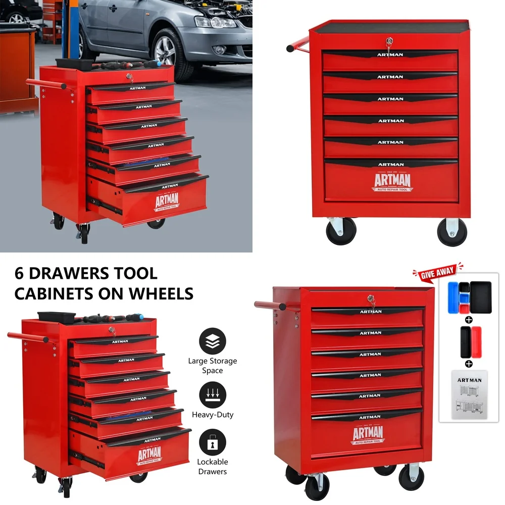 صندوق أدوات 20 بوصة، صندوق أدوات دوار مع 6 أدراج محمل كروي ناعم، خزانة تخزين فولاذية شديدة التحمل باللون الأحمر