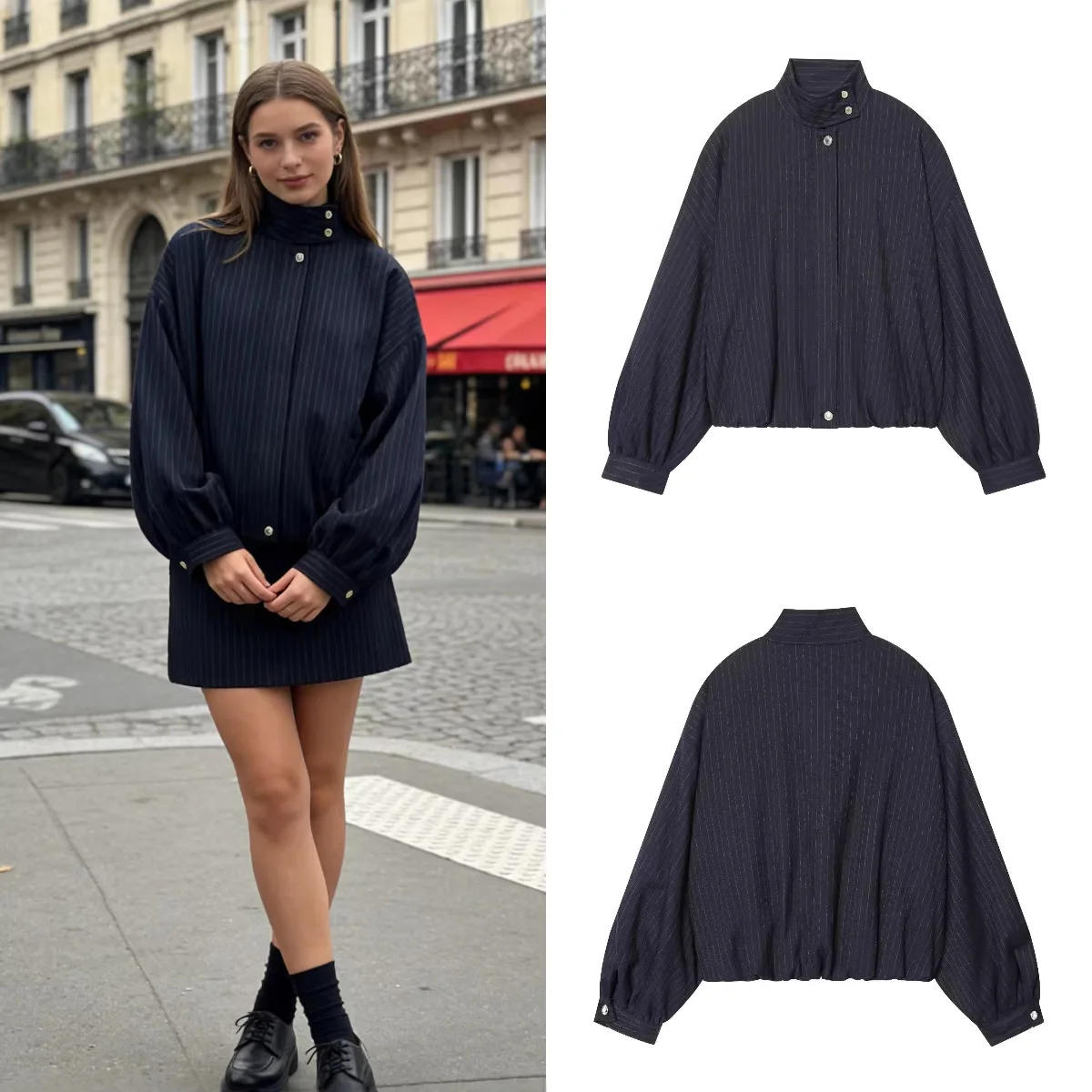 Women's Fashion Casual Jacket Fall High Street Versatile Half-Turtleneck Striped Bomber Coat Commuter Zip-Up Long Sleeve Outwear
