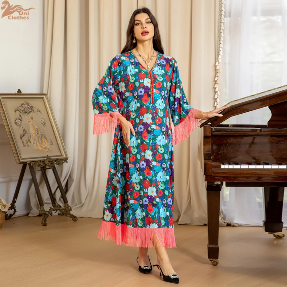 

2025 Muslim Colorful Floral Printing Casual Women Dress Muslim Ethnic Style Casual Loose Robes Dubai Tassel Sleeve Party Dresses