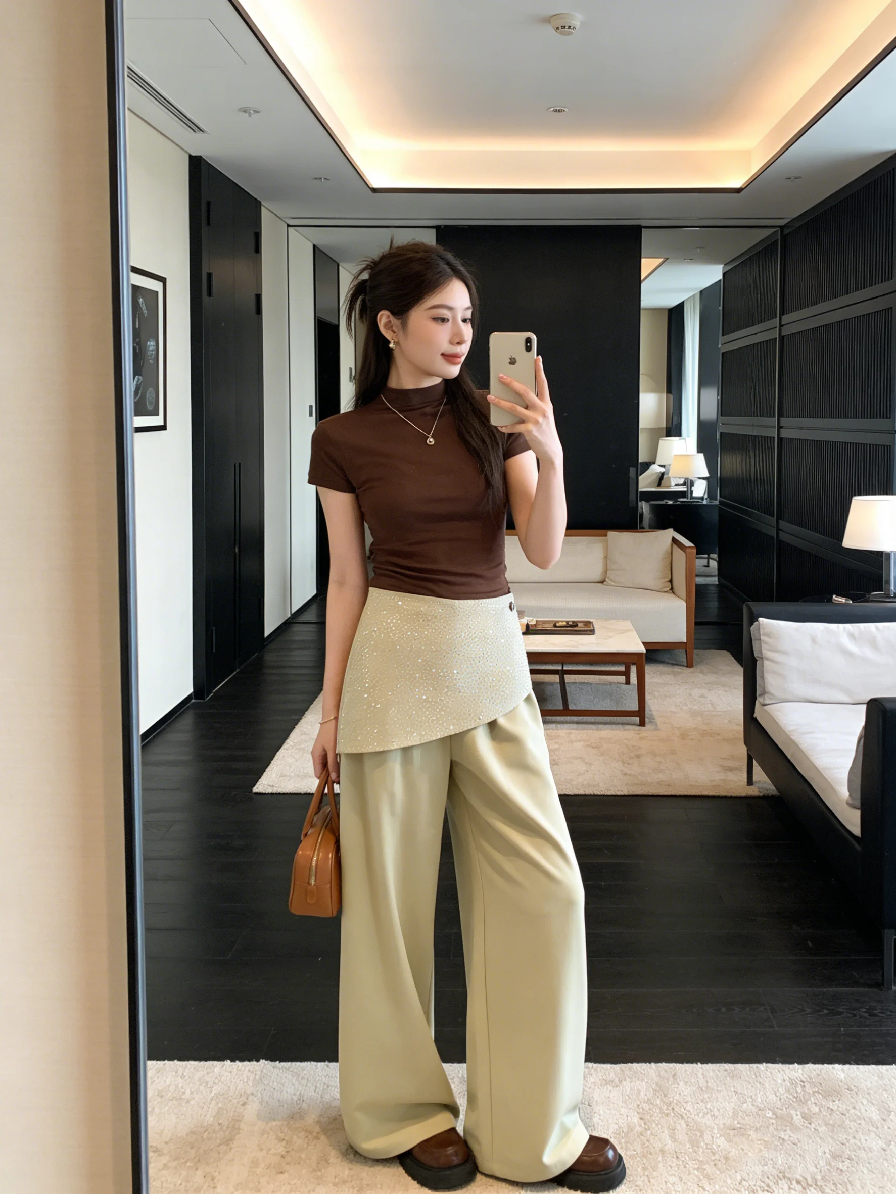 

Ele High Waist Wide Leg Casual Pants Glitter Heavy Embelliment Suit Sle Early Spring Faionable All-Match Trousers