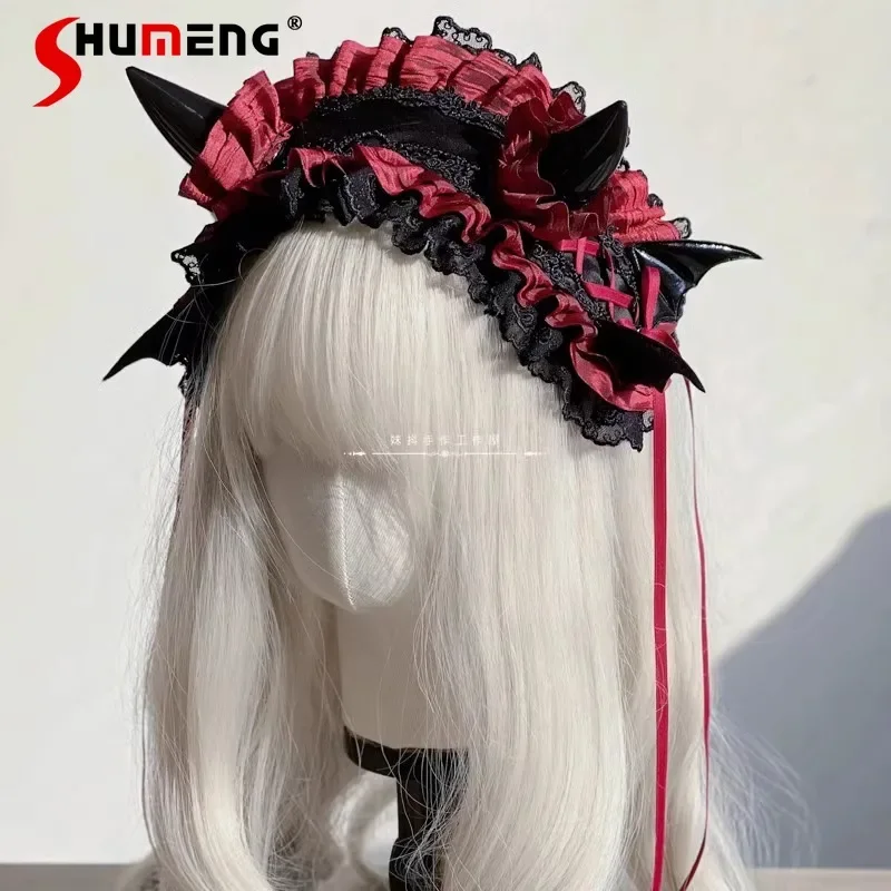 

Japanese Rojita Original Handmade Halloween Devil Horn Headband Lolita Gothic Gorgeous Headdress Apparel Accessories For Women