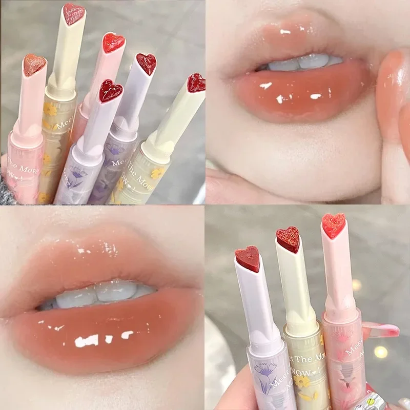 Brillo de labios sólido claro al agua, tinte de labios rosa, cristal de espejo, esmalte de labios hidratante en forma de corazón, lápiz labial, maquillaje