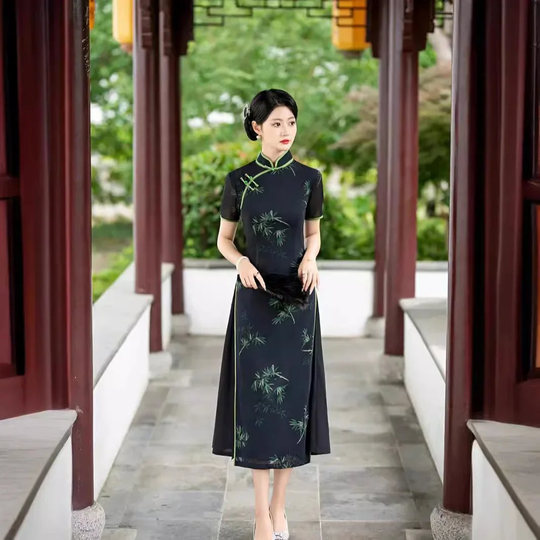 Yourqipao preto chinês tradicional cheongsam novo estilo 2024 estilo jovem menina magro melhorado qipao para mulher