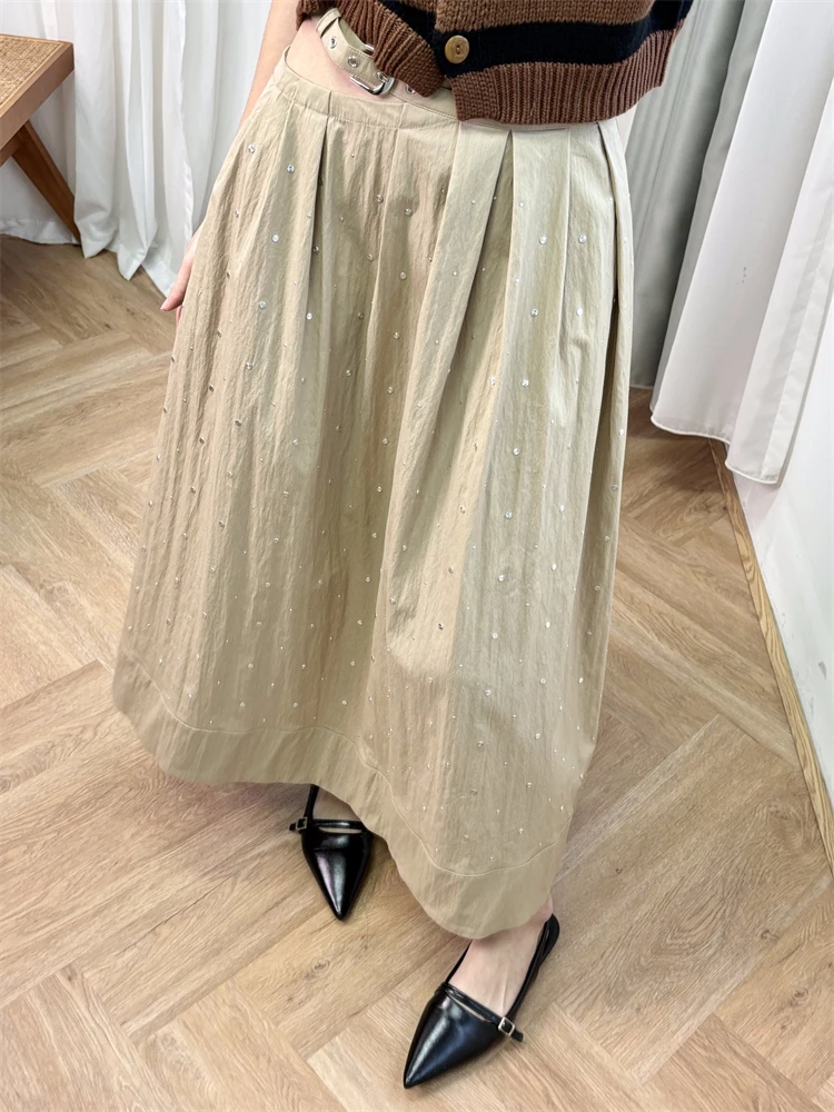 

New 2024 High Quality Women Rhinestone Mid-Calf Length Skirt A-Line Elegant High Street Chic Stunning Fashion Design Trendy M