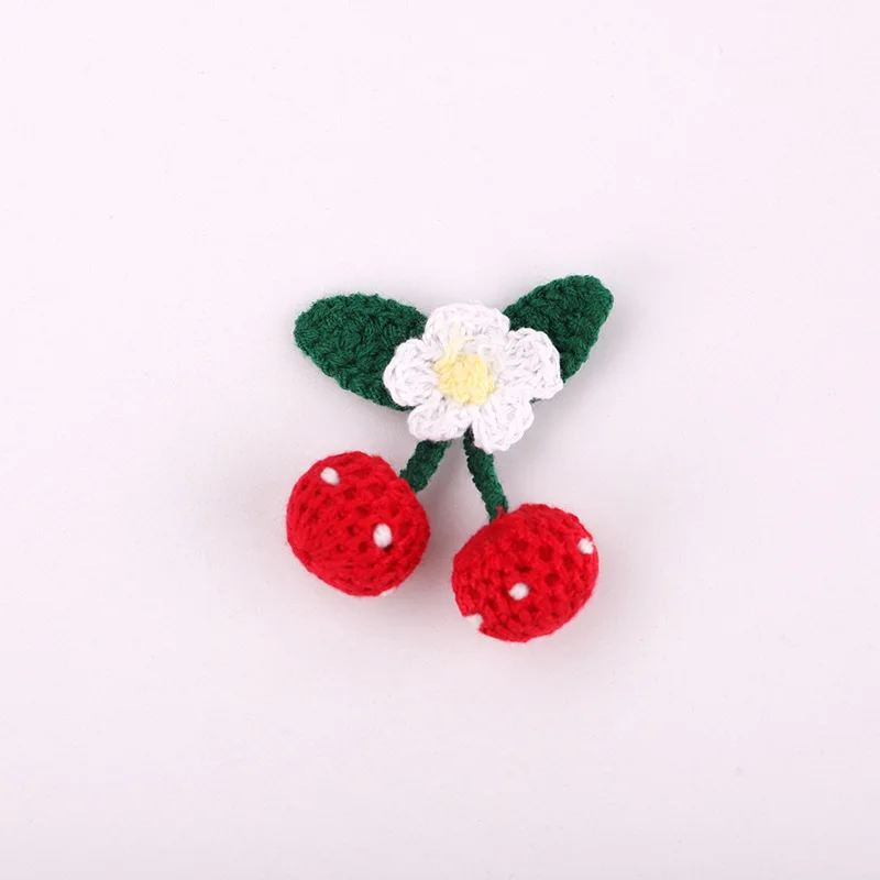 5Pcs Cotton Hand-knitted Woolen Green Leaf Red Cherries DIY Earrings Pendant Headwear Hat Key Ring Children's Clothing Patch