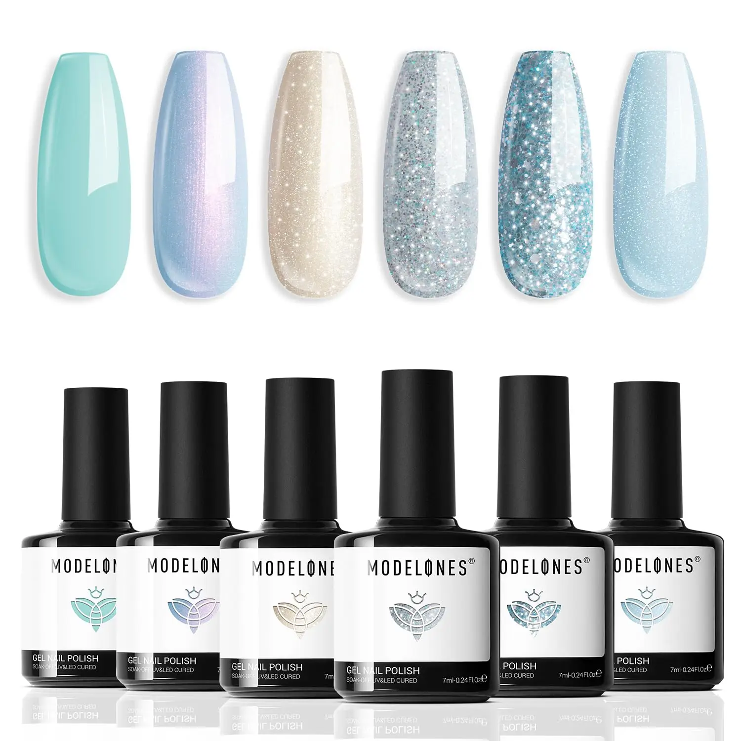 

modelones Gel Nail Polish Set, Mermaid 6 Colors Blue Silver Glitter Gel Nail Polish Mint Green Shimmer Nail Polish Soak Off