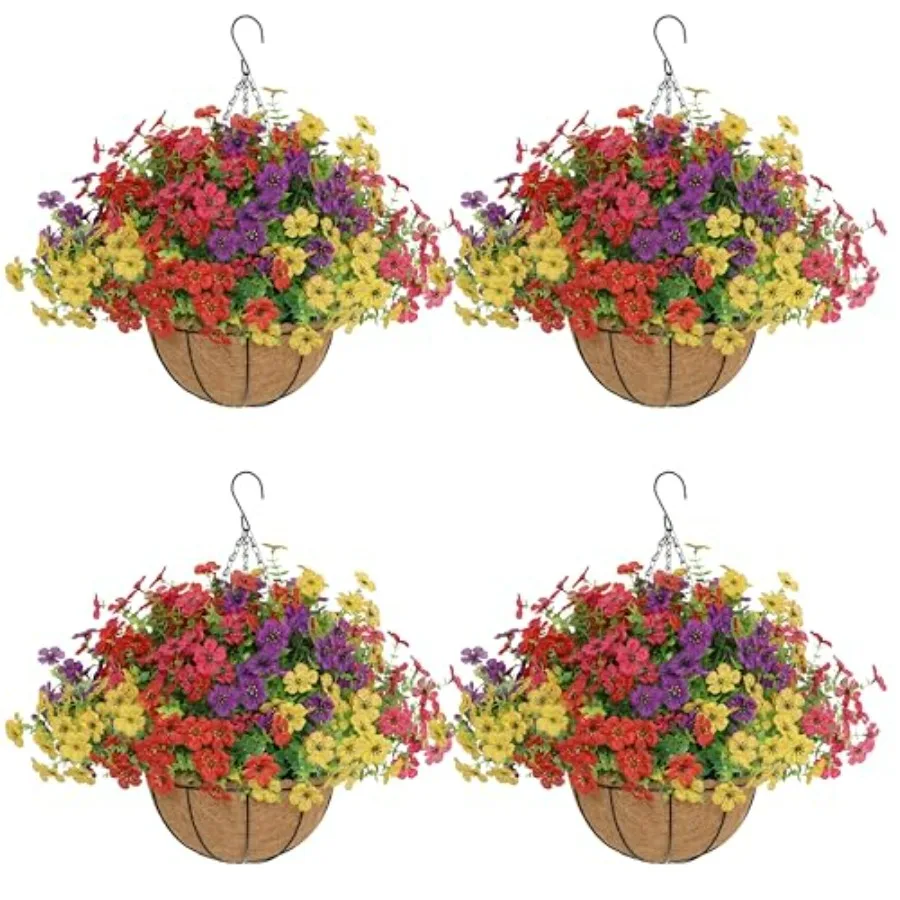 

Outdoor decor: UV-resistant faux hanging flowers in basket, 4-set, 48 bundles, natural green and ivory tones, weatherproof synt
