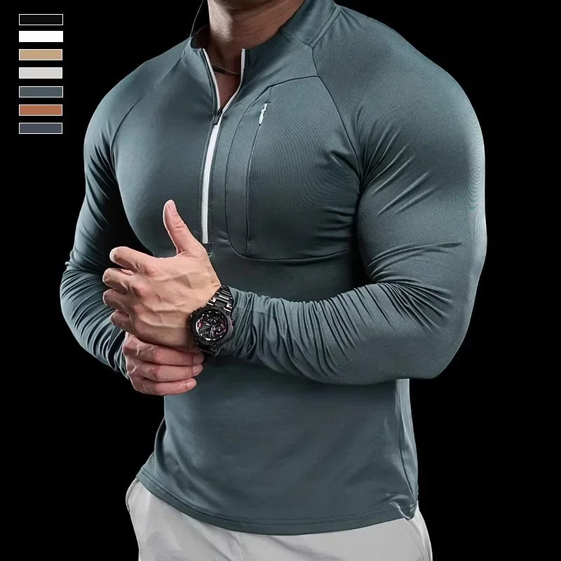 2024 New Men\'s Sports Gym Fitness Tops Running Training Clothes Round Neck Quick-drying Breathable Long-sleeved T-shirt Autumn