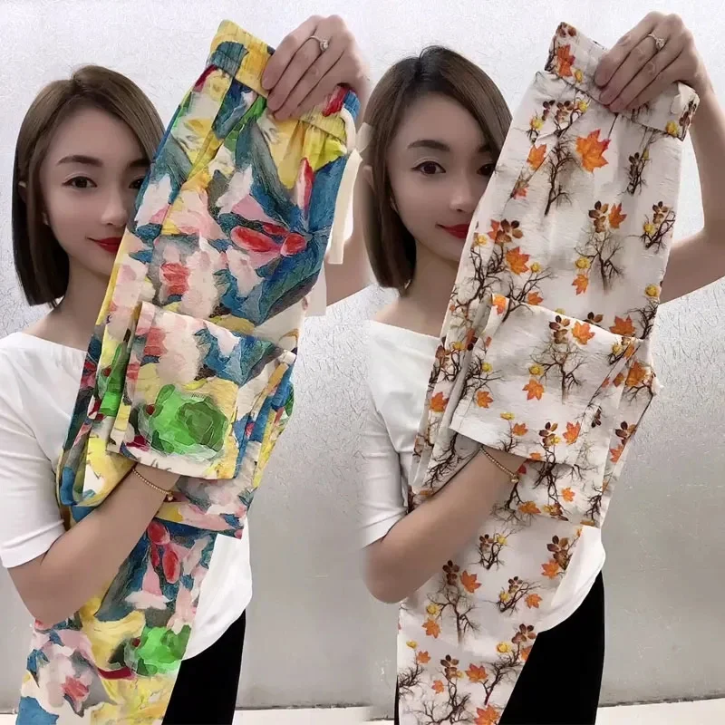 Summer 2023 New Thin High-Waisted Fashion Joker Flower Women Pants Elastic Waist Casual Trousers Jacquard Feet Pants Tide Female