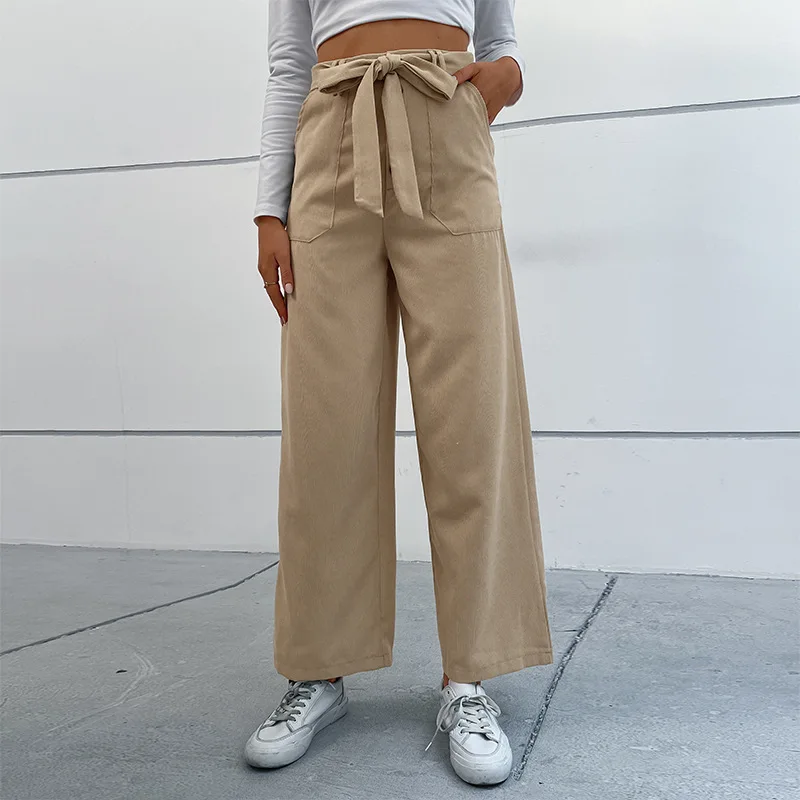 Wide Leg Pants Women 2022 Autumn High Waist Lace-Up Curduroy Trousers Solid Colour Casual Full Length S-XL Khaki