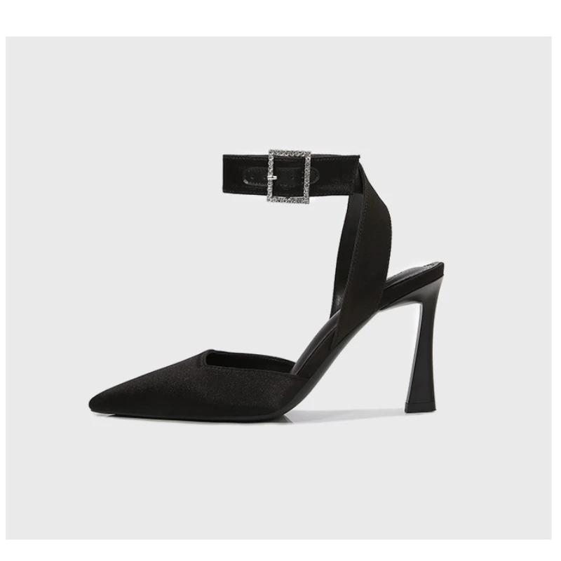 2025 Women High Heels Stiletto Satin Square Toe Black Sexy Evening Club Sandals Chunky Heel Fashion Shoes