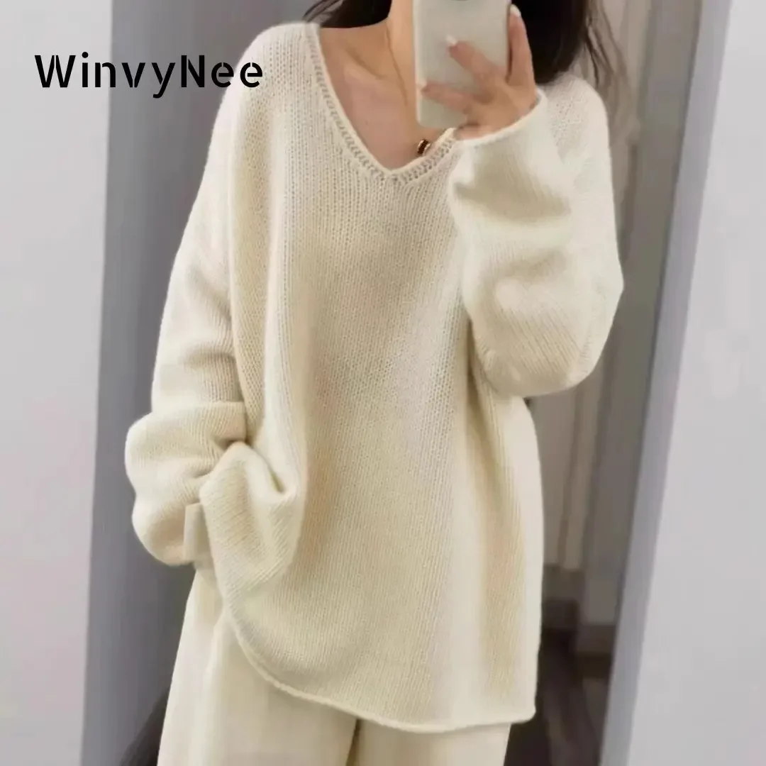 WinvyNee Women Wool White Sweater Big V Neck Casual Loose Outerwears Warm Knitted Pullovers Clothing Oversize Autumn A1283004