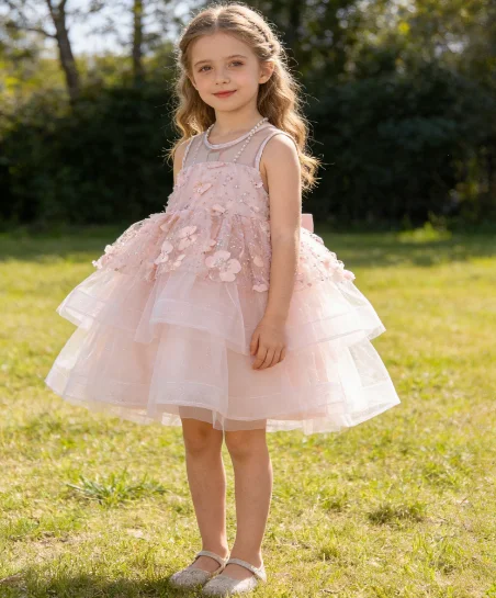 

2025 Summer New Girl Princess Dress with Three Dimensional Butterfly Mesh Back Pink Beautiful Skirt