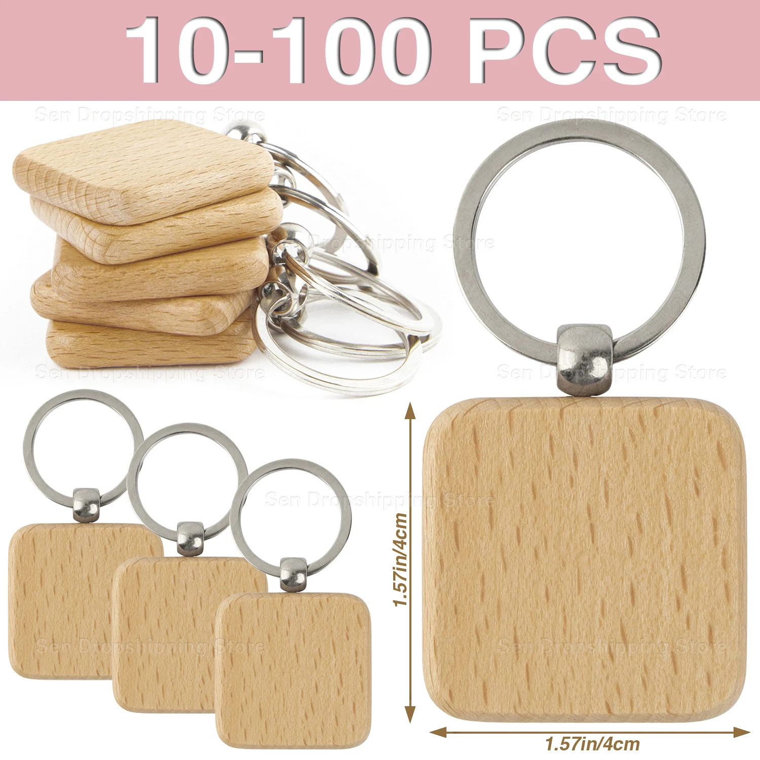 10-100Pcs DIY Square Keychain Gift - Wooden Key Chain with Metal Key Ring for Anniversaries & Special Occasions