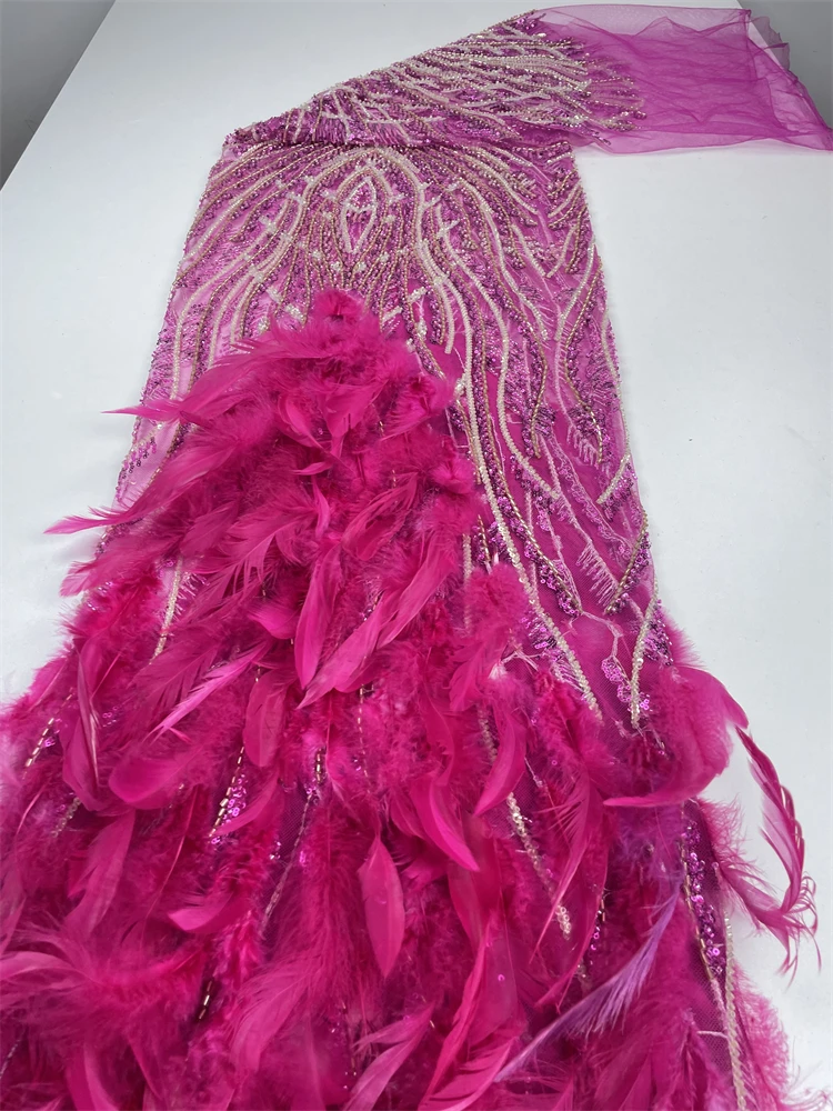 Venda quente design popular moda africano feito à mão pena frisada renda líquida com lantejoulas tecido francês vestido de noite renda líquida