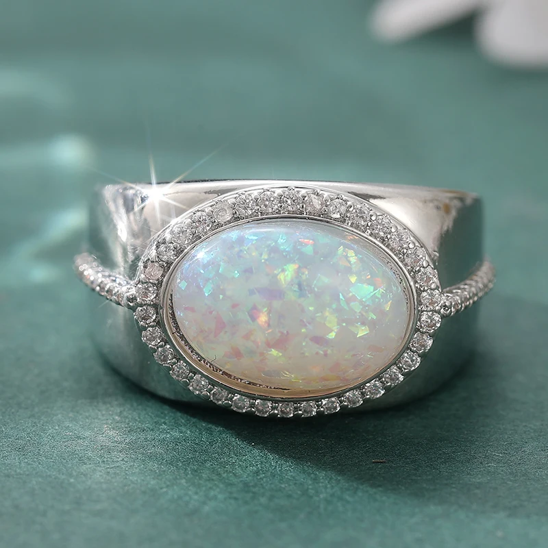 Ästhetischer Eingelegter Imitations-Opal Weißer CZ Damenring Silberfarben Geometrisch Tägliches Tragen Party-Schmuck Jubiläumsgeschenk – Detail 2