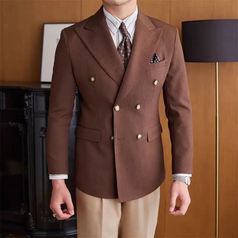 Y029British Korean style commuter gentleman slim double-breasted suit banquet business suit jacket trendy men