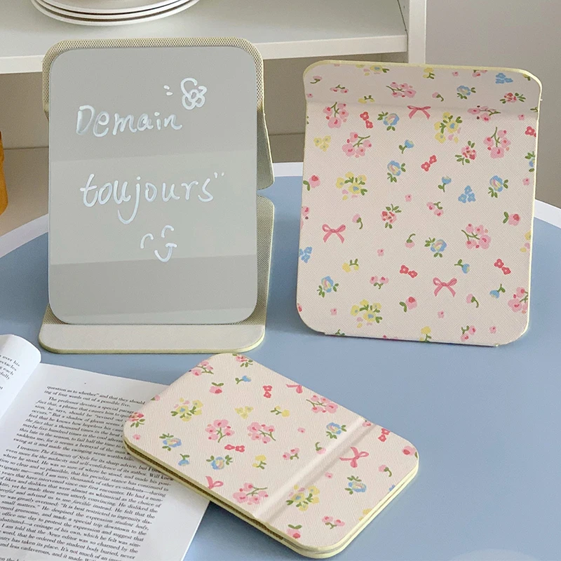 

Desktop Makeup Mirror Floral PU Leather Simple Portable Handheld Makeup Mirror Foldable Student Compact Cute Pocket Mirror