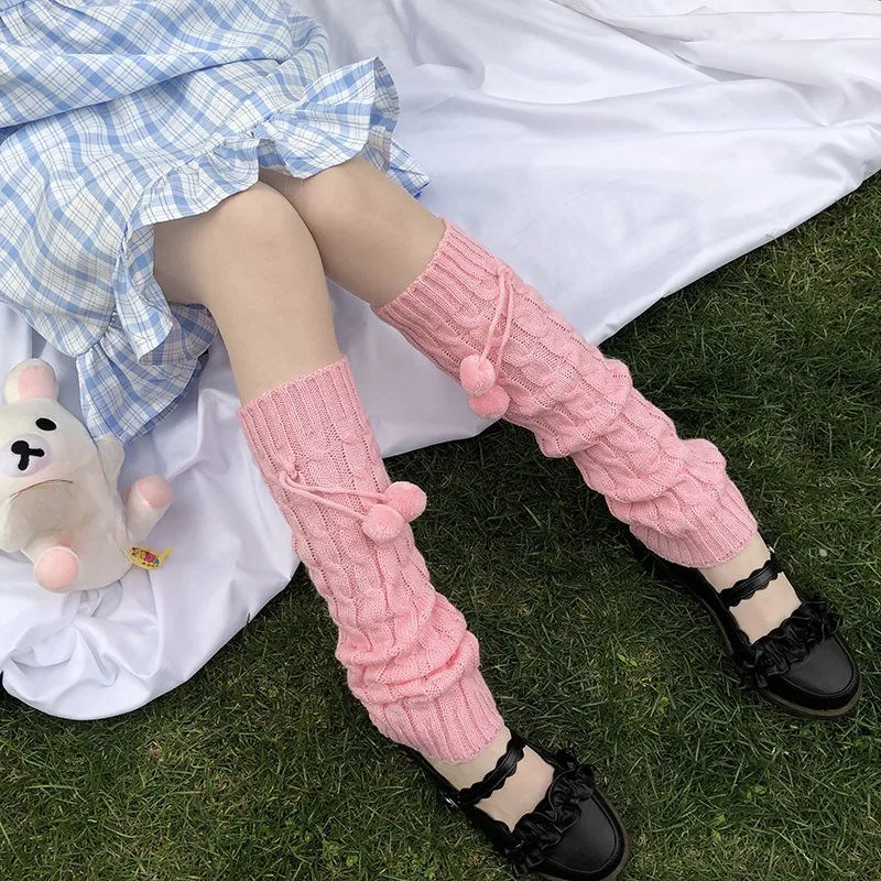 Japanese Style Winter Warm Socks Lolita Warm Leg Knitted Socks  Wool Ball Knitted Foot Covers Leg Warmers With Balls For Women