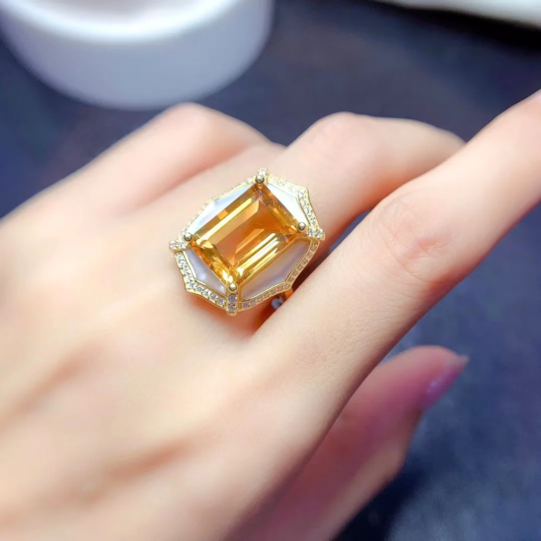 Natural Citrine Ring 925 Sterling Silver Large Grain Yellow Gemstone Luxury Jewelry Designer