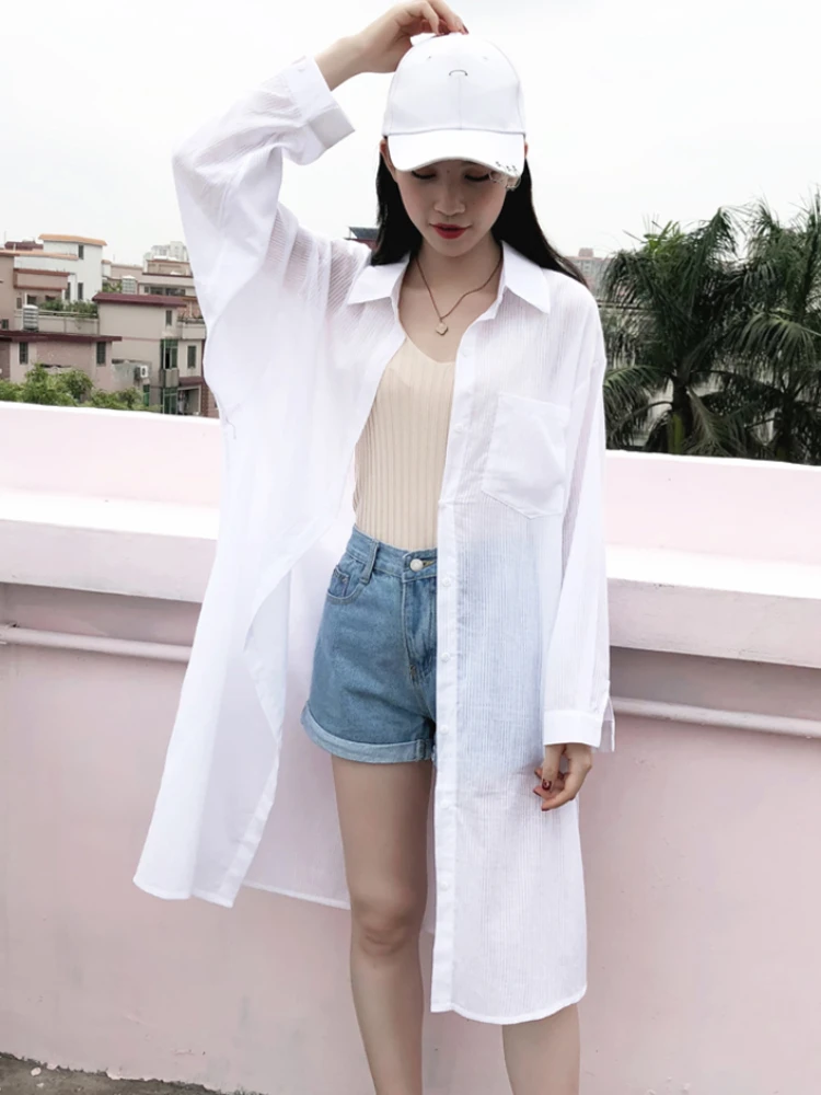 Long Sleeve Shirts Women Solid Loose Comfortable All-match Breathable Trendy Chic Harajuku Mid-length Popular Sun-proof Summer