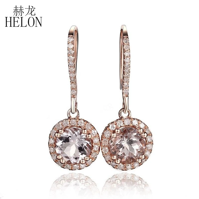 

HELON 6mm Round 1.6ct Morganite Earring Real 18K Rose Gold Natural Diamonds Drop Earrings Hook Dangle Earrings Fine Jewelry Gift