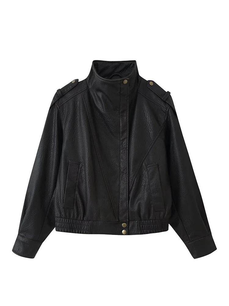 2026 Women Faux Leather Jacket Stand Collar Zip Up Vintage Loose Fit Lapel Short Coat Casual Autumn Winter Female Outerwear