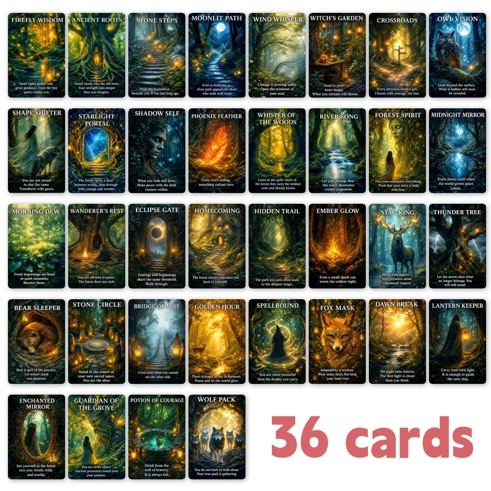 36Pcs English Forest Secret Realm Oracle Cards Fantasy Forest Illustration Party Guide Board Game Cards